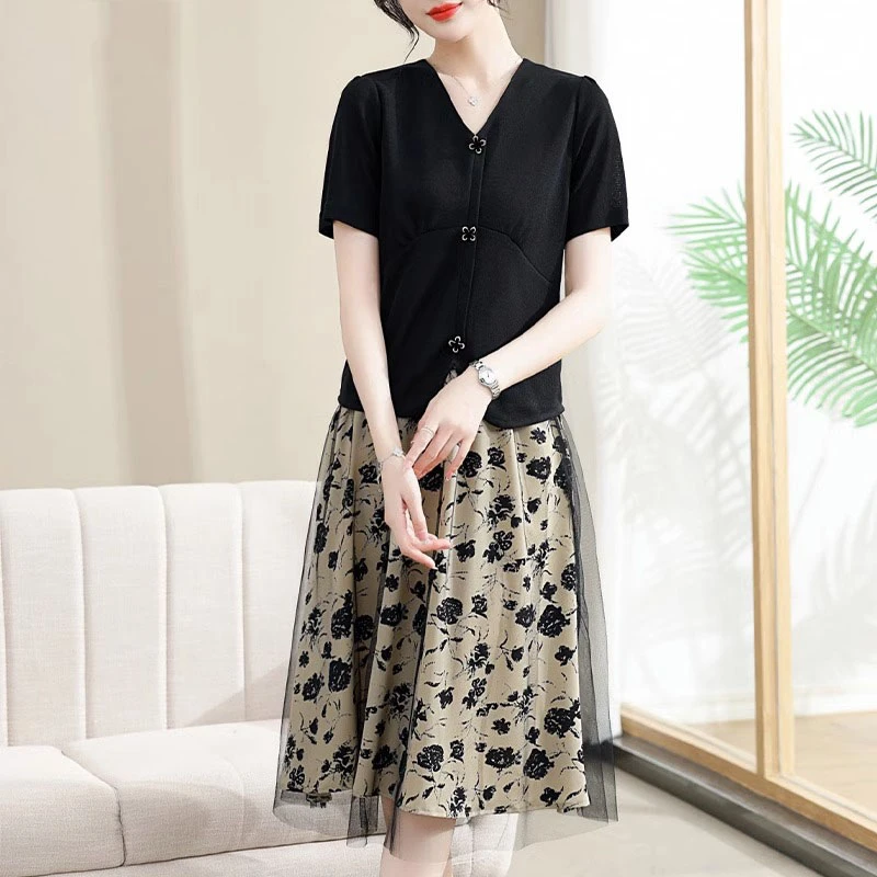 妈妈装夏款两件套连衣裙短袖t恤薄款上衣服中老年妇女时尚半身裙