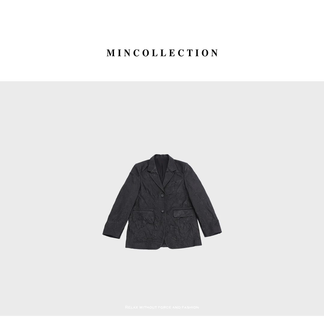 DE Mincollection抓皱皮衣/春复古褶皱肌理感绵羊皮皮衣外套