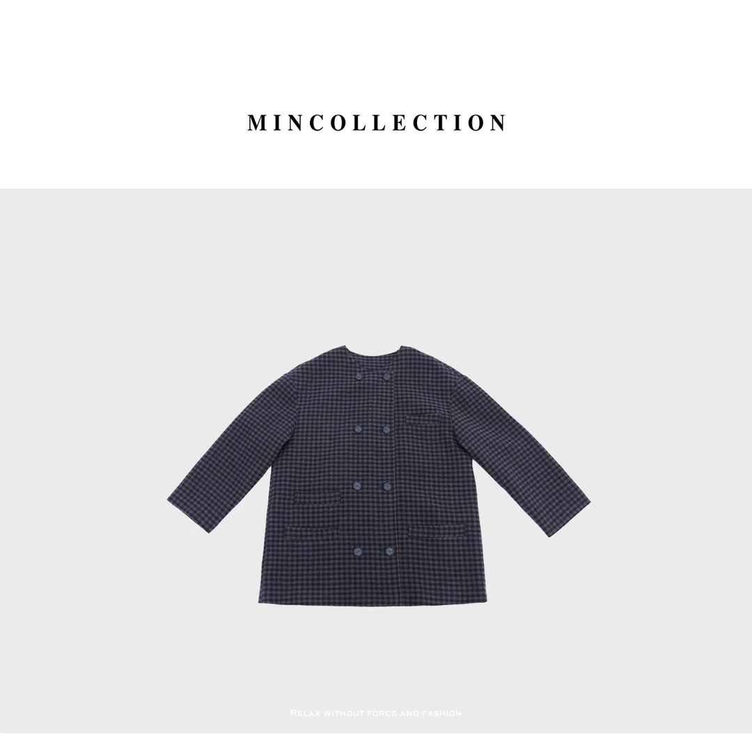 DE Mincollection蓝格纹外套/藏青格纹圆领排扣中长呢子外套82270