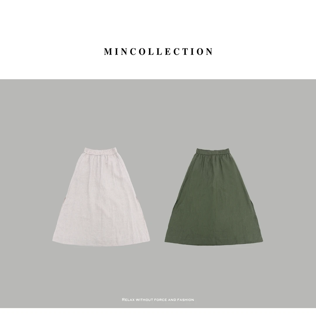 DE Mincollection两色亚麻裙/夏季经典百搭A字侧开叉全亚麻半身裙