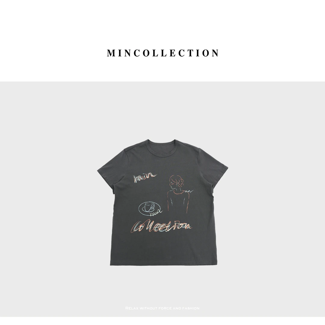 DE Mincollection晴怀T/彩绘涂鸦头像印花水洗铁灰色休闲T恤40391