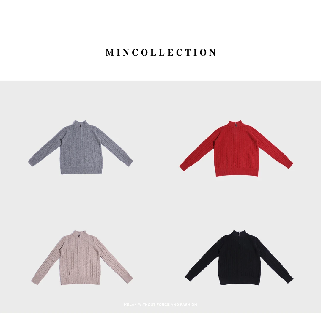 DE Mincollection半拉链绞花毛衣/秋冬半拉链立领慵懒感羊毛毛衣