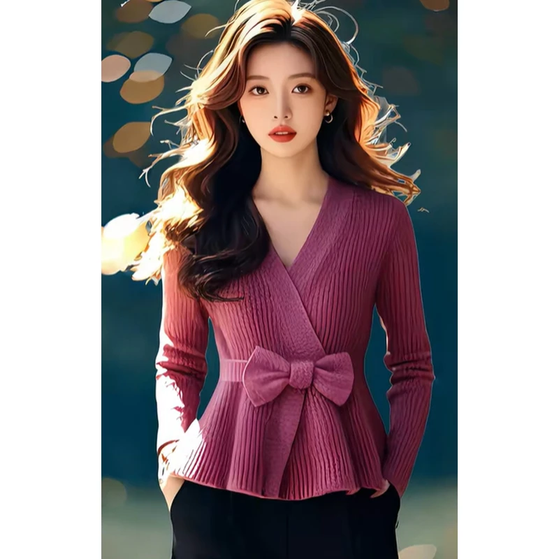 2025年秋冬季新款设计感显瘦百搭收腰玫红色针织毛衣女款洋气服装