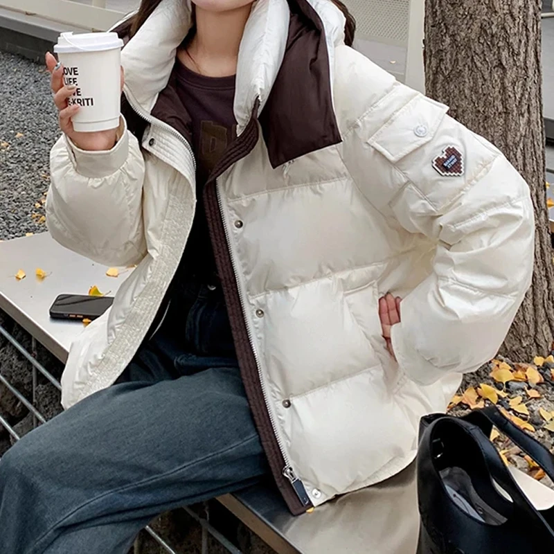 韩版设计拼色连帽棉服女装2024秋冬季新款高级感洋气百搭保暖外套