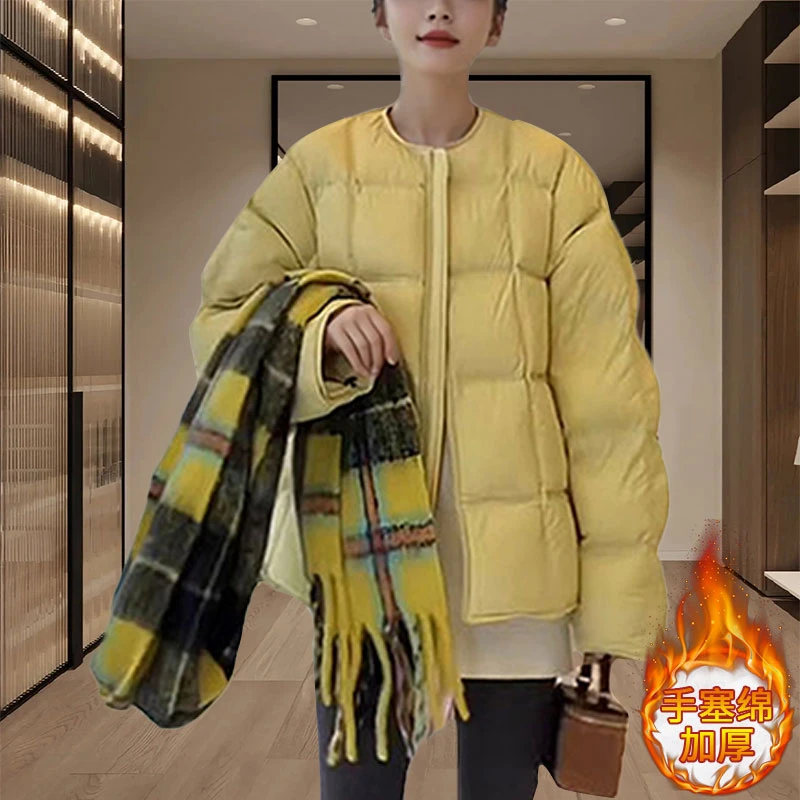 2025年秋冬季新款韩版洋气纯色高级感圆领棉服女时尚加厚保暖外套