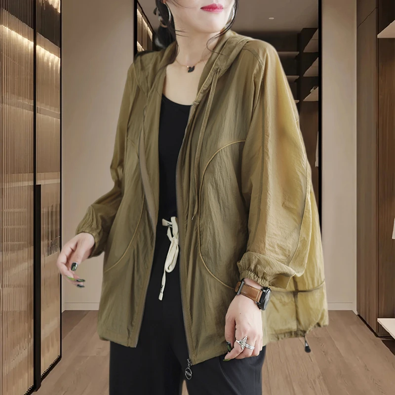 薄款防晒衣女款2025夏季新款休闲百搭连帽防晒衫大码长袖上衣洋气