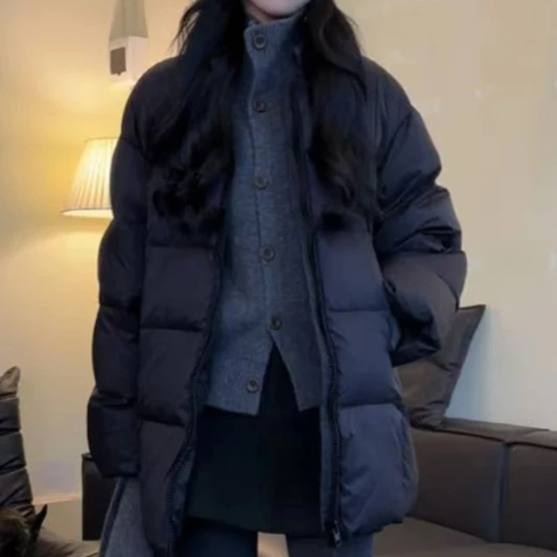 韩系时尚立领黑色棉服女冬季2024新款百搭宽松中长款加厚保暖外套