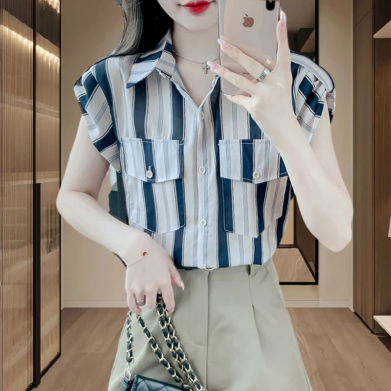 条纹短袖衬衫女夏季2026新款设计感小众法式衬衣女泡泡袖修身上衣
