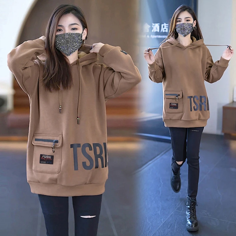 中长款连帽卫衣女士2025春秋季新款韩版时尚洋气宽松大码百搭上衣