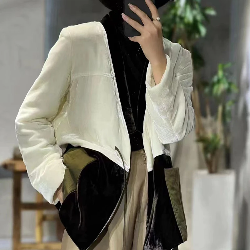 真丝丝绒加厚夹棉外套女冬撞色系带小棉袄保暖宽松桑蚕丝上衣棉服