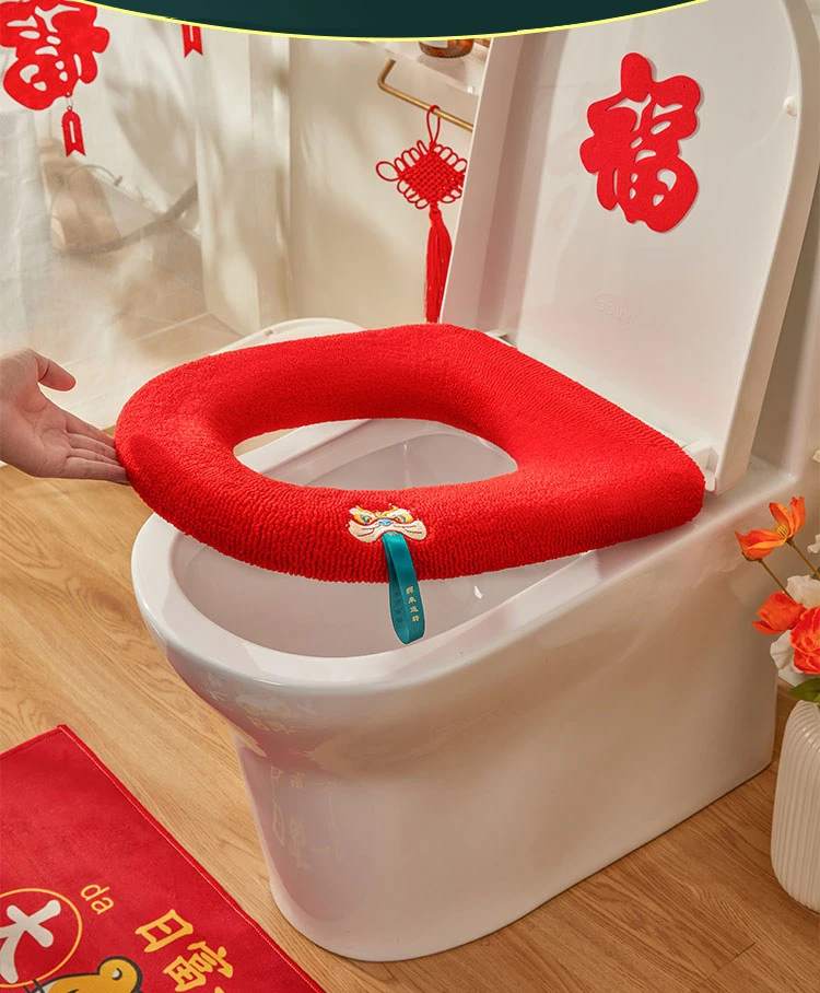 龙年冬季加厚马桶垫毛绒保暖马桶套通用可水洗坐便垫套婚庆坐便套