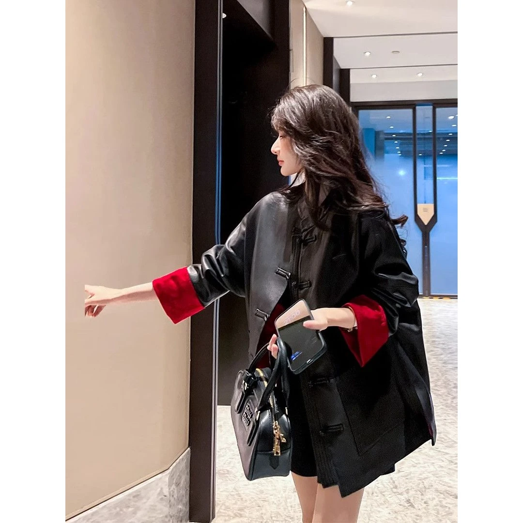 复古盘扣新中式皮衣外套女春秋新款国潮立领宽松国风气质拼接pu皮