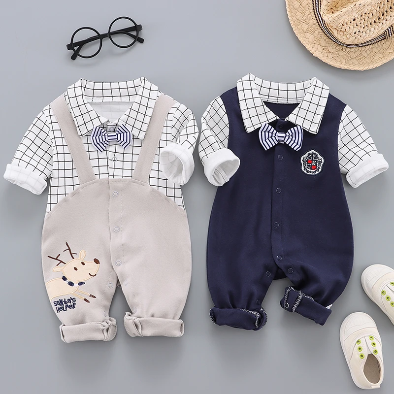 春秋新生婴儿长袖绅士哈衣宝宝连体衣男童周岁礼服帅气假两件爬服