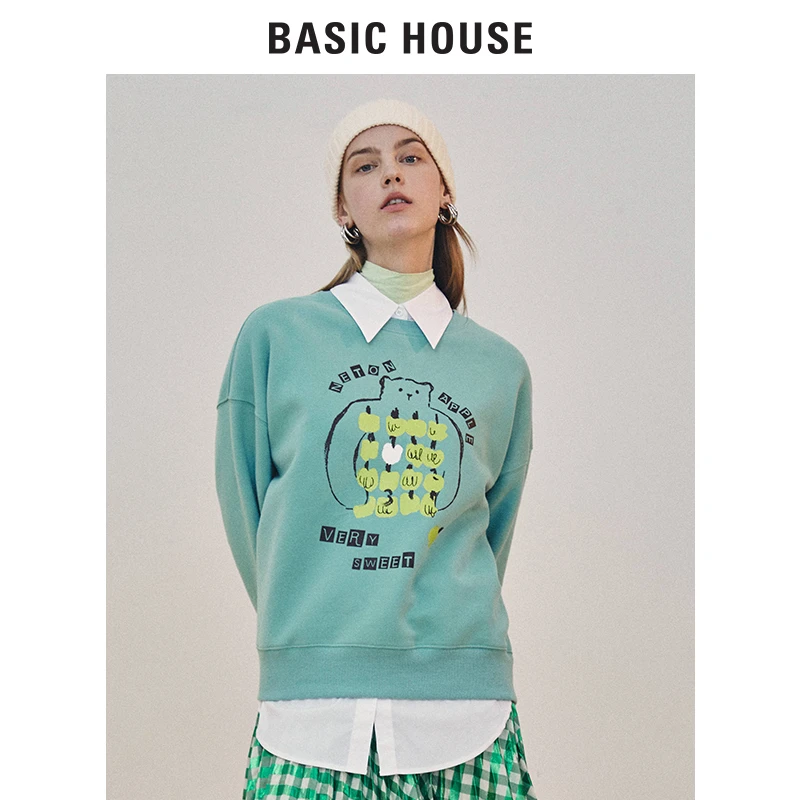 Basic House/百家好秋冬卫衣撞色小熊情侣圆领B0142B50622