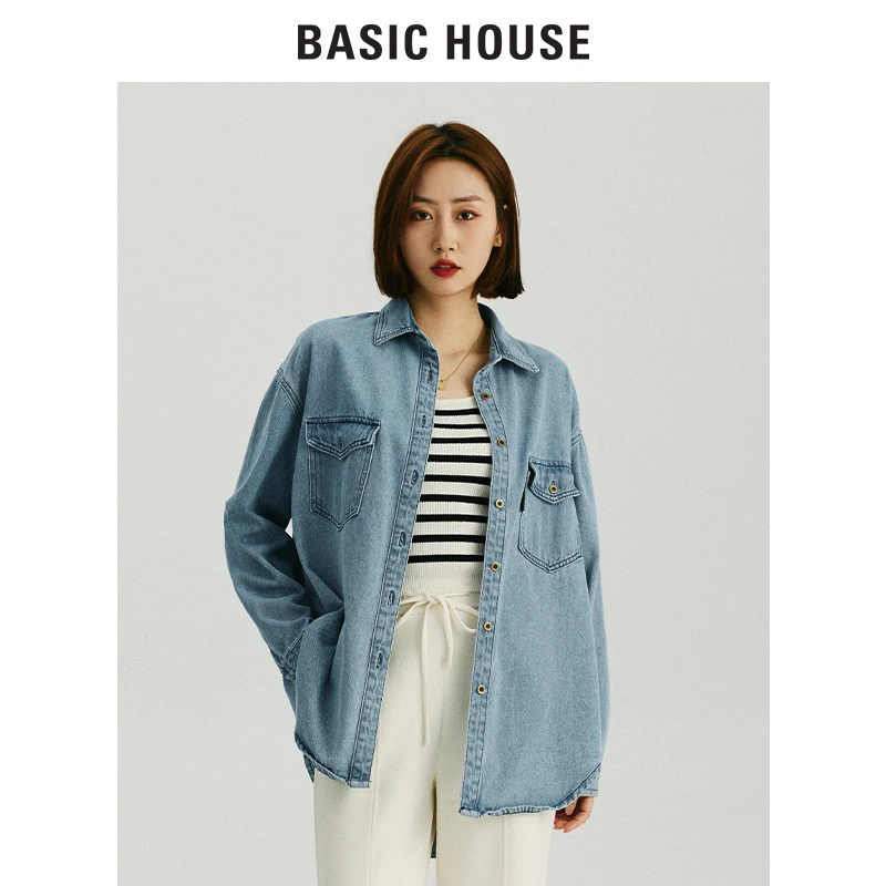 Basic House/百家好春秋牛仔衬衫休闲百搭长袖上衣B0143B53552