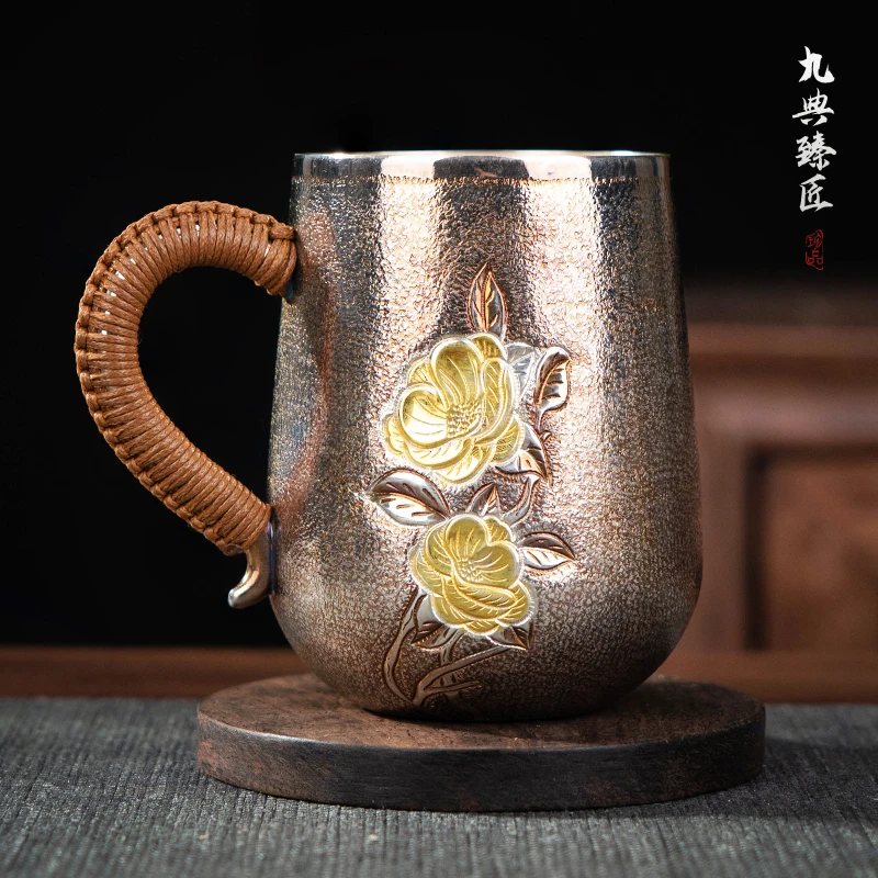 999足银纯手工大容量锤纹山茶银杯复古家用主人杯茶缸杯高档茶具