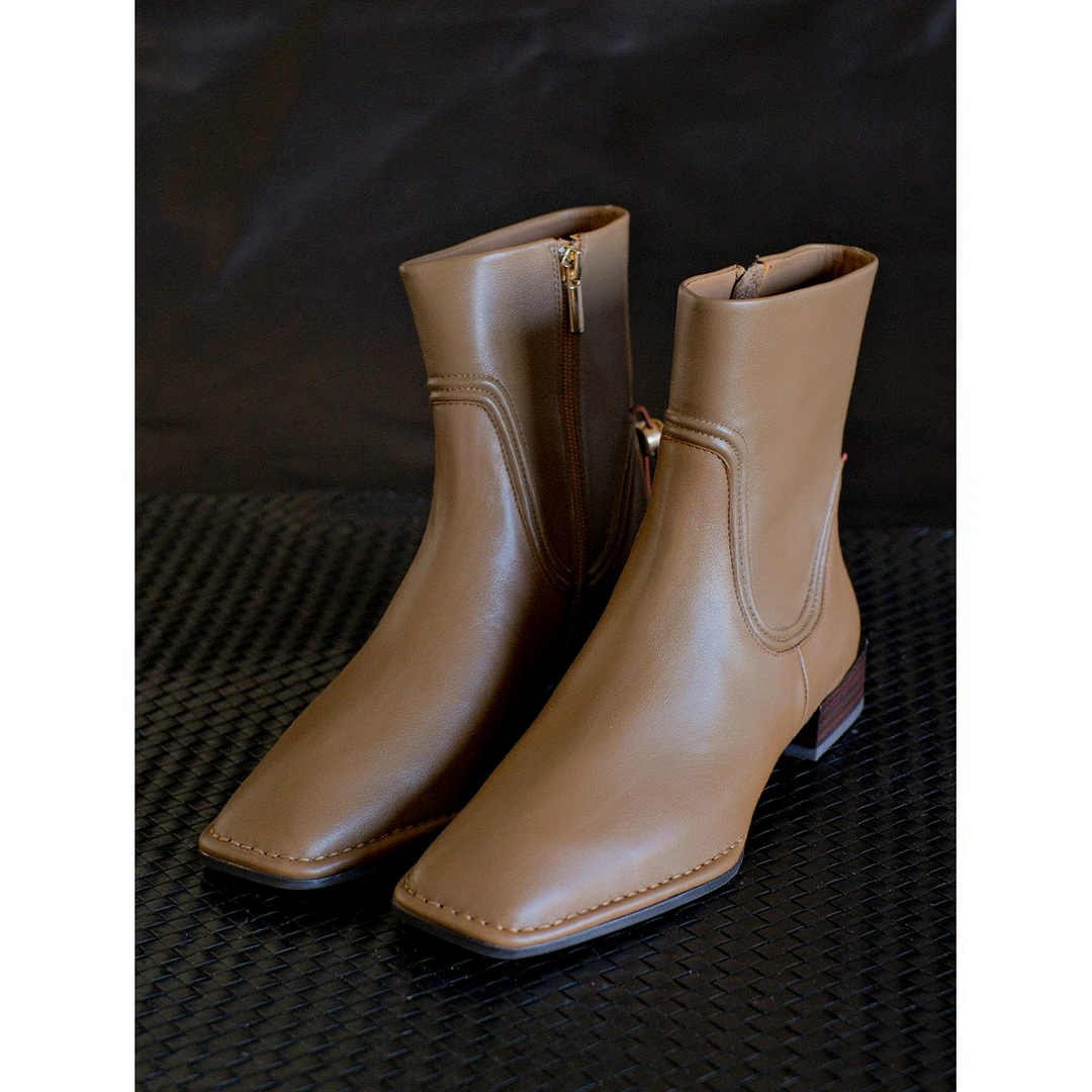 WANTS-LAB 秋冬时尚百搭设计师方头真皮短靴时装靴WL20750089