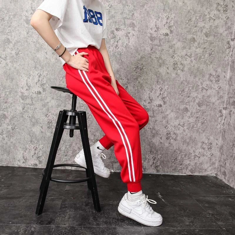 红色束脚校服裤子男女一条杠白边小学生初高中春秋季双杠收脚校裤