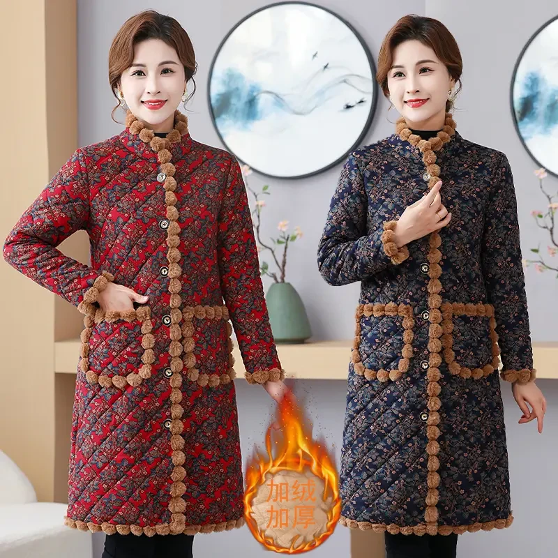 冬季新款妈妈装加绒碎花棉服 洋气中长款加厚保暖立领棉衣外套