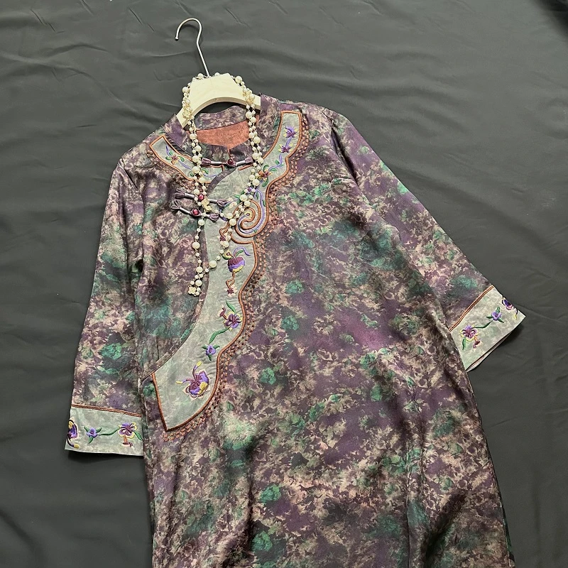 新款国风新中式复古斜襟盘口重工老料气质时尚宽松连衣裙2202