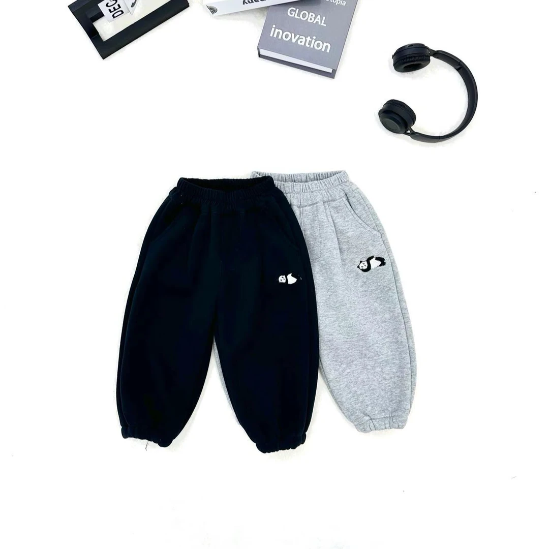 【町木优品】儿童冬季新款熊猫男童纯色百搭贴布绣花加绒卫裤 K6195
