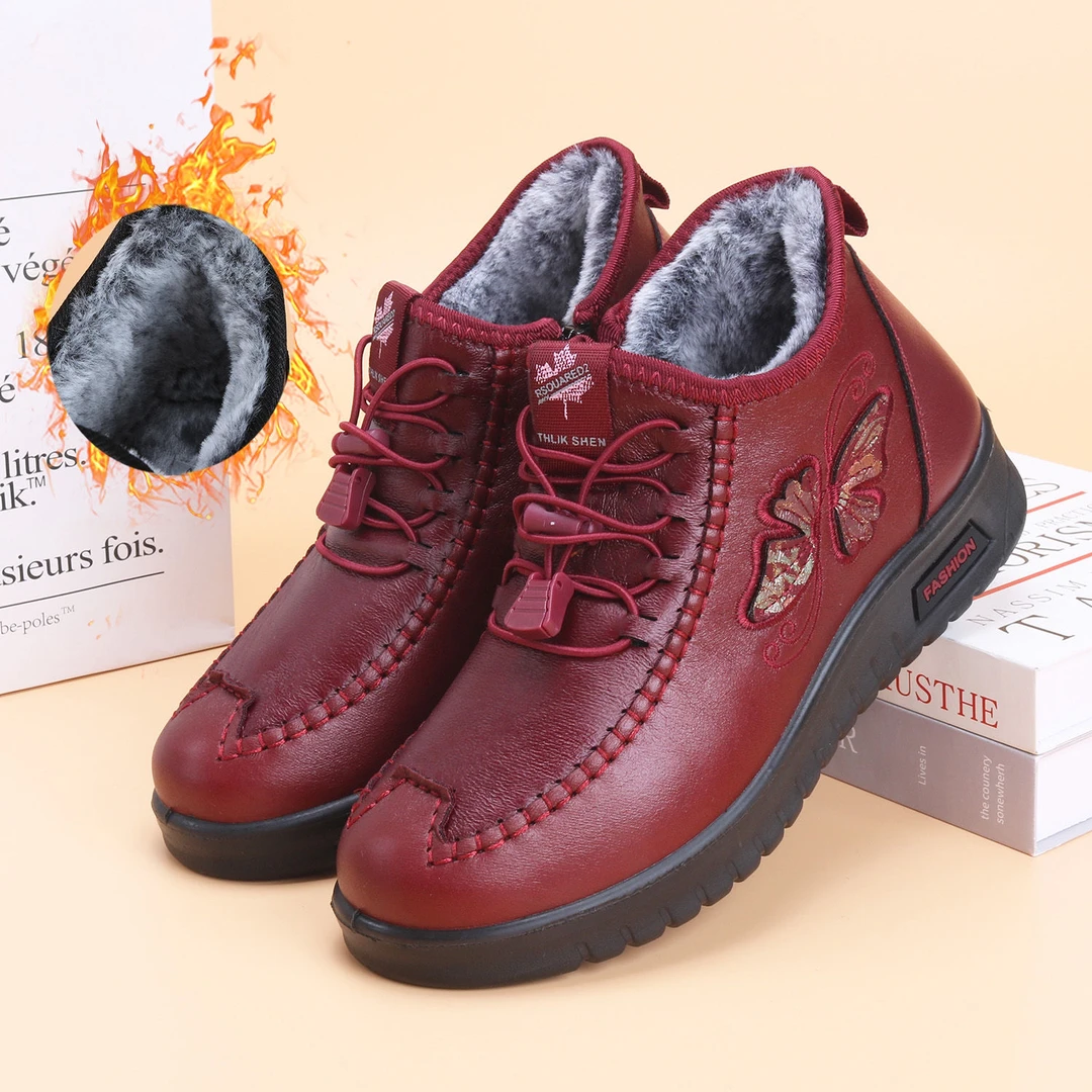 布鞋皮鞋棉靴防滑底老年人妈妈鞋加绒保暖防寒软底冬季棉鞋软皮