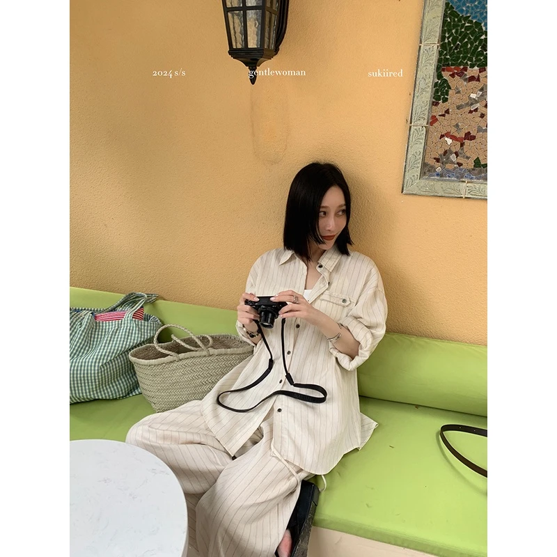 sukiired麻料休闲风套装宽松条纹衬衫防晒衫松紧腰抽绳长裤时尚