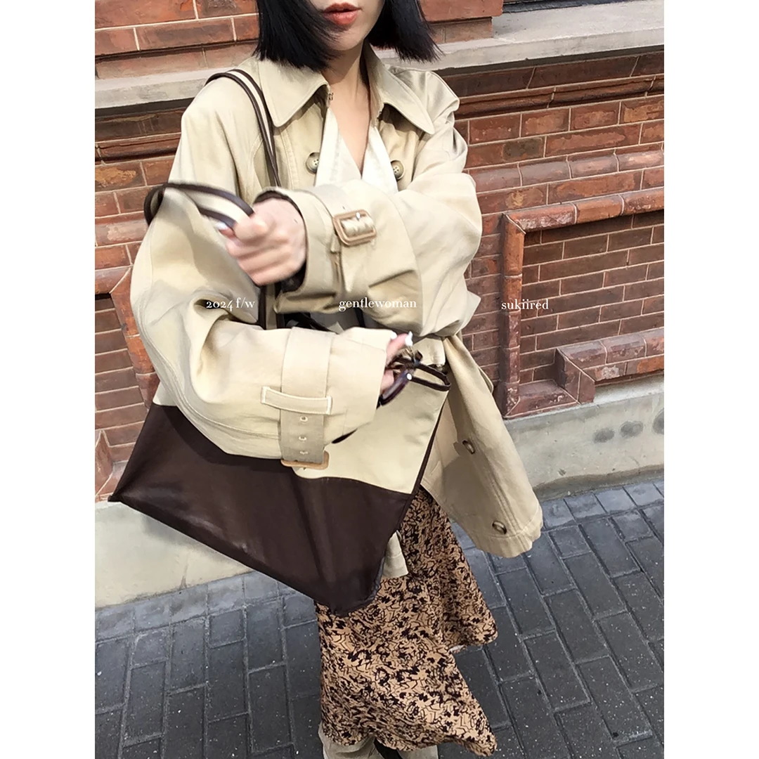 sukiired秋季氛围感双层领抽绳风衣外套双排扣中长款卡其色设计感