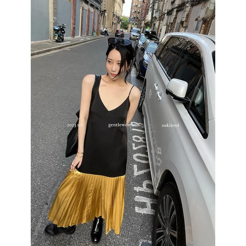 SR Sukii高级感女夏季气质吊带裙子设计感拼接无袖背心连衣裙