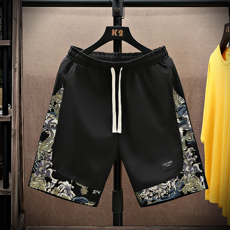 中国风男士五分裤2025夏季薄款休闲潮流印花大码个性沙滩裤5分裤