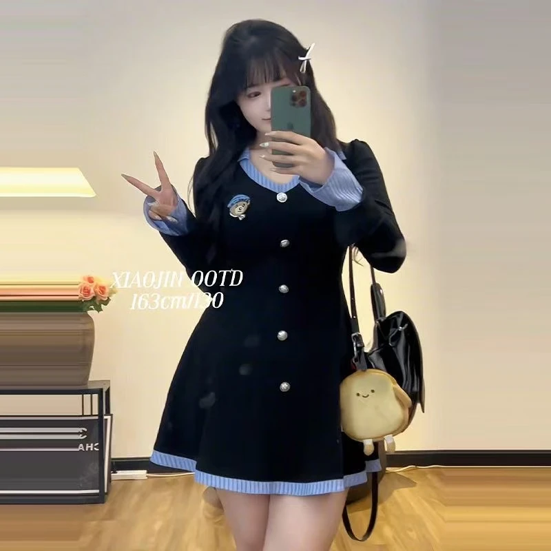 大码短款连衣裙秋冬季小个子辣妹微胖mm遮肚子显瘦学院风撞色裙