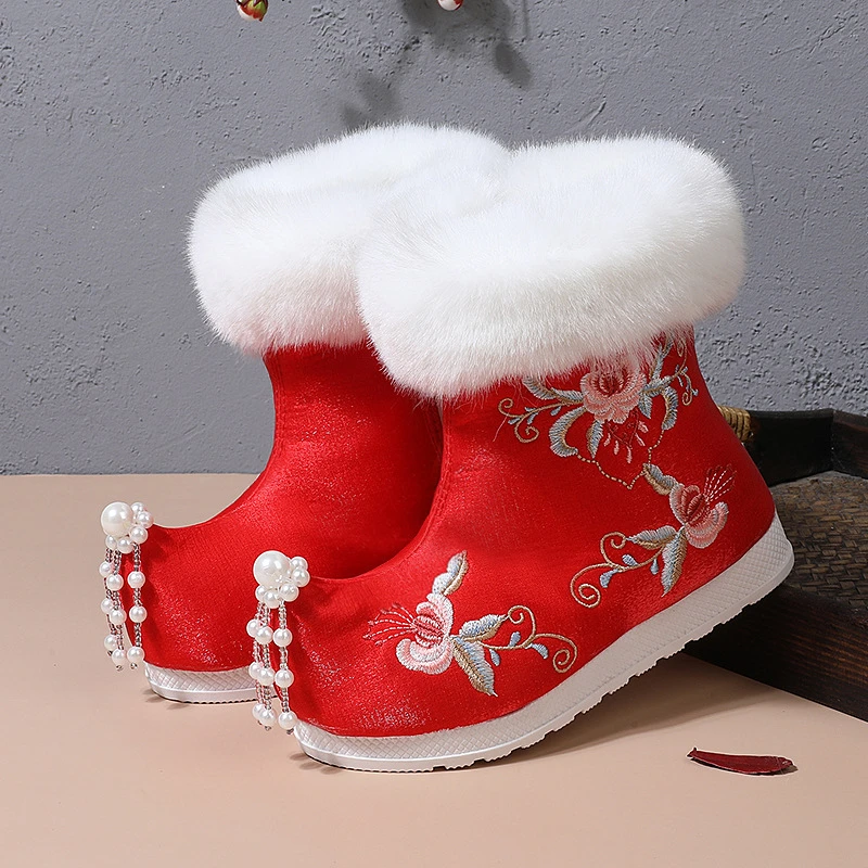 纤月棉靴  加绒古风鞋冬季汉服靴子女童绣花鞋儿童中国风古装棉鞋