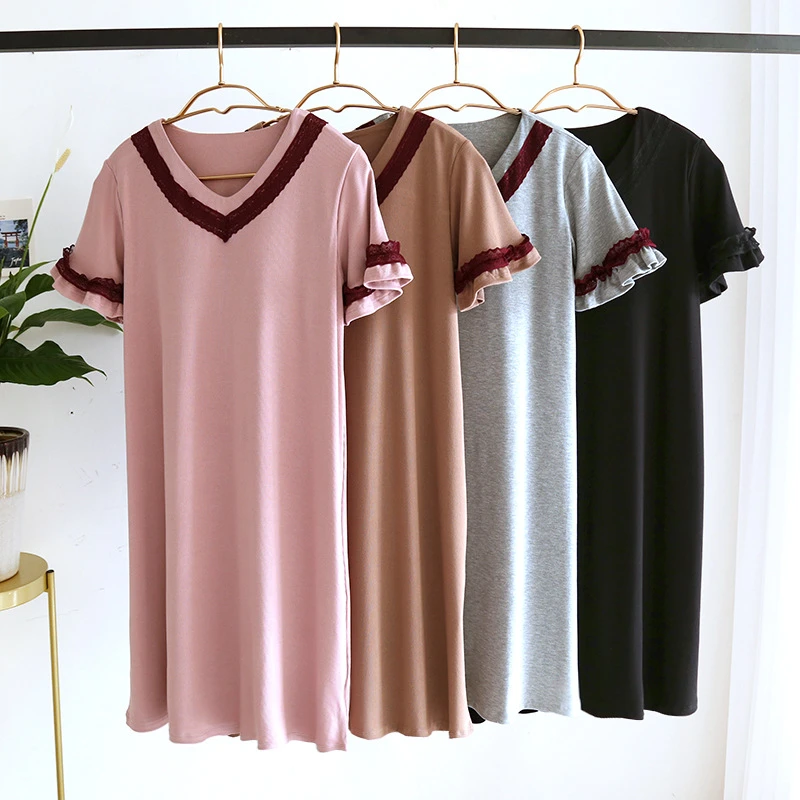 睡裙夏季v领女士螺纹蕾丝边带胸垫罩杯一体式宽松高弹家居服裙