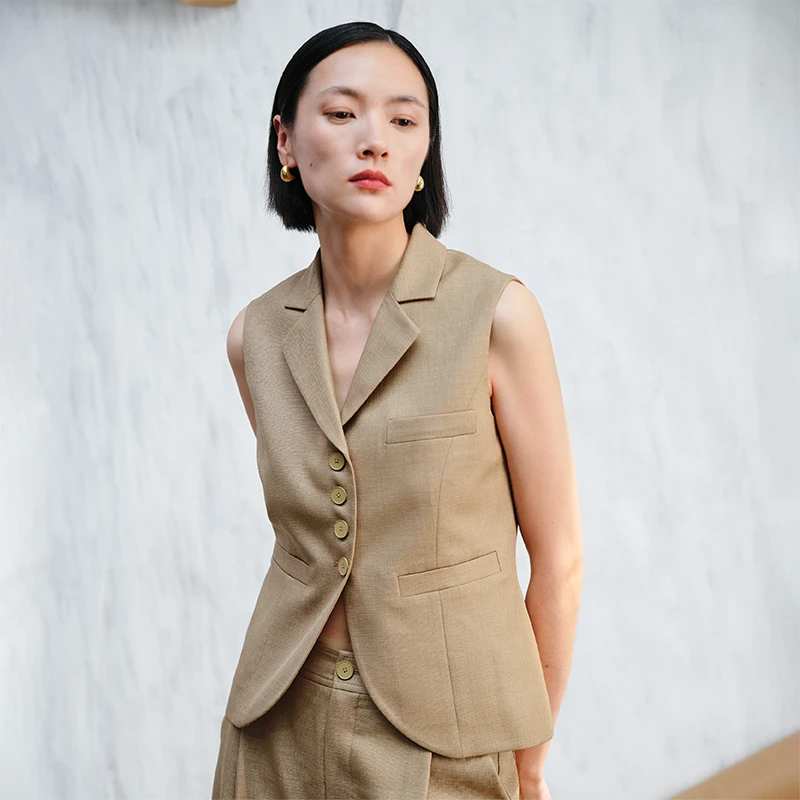 LIYIHAN秋季复古时尚简约气质纯色麻纹休闲上衣修身短款外穿马甲