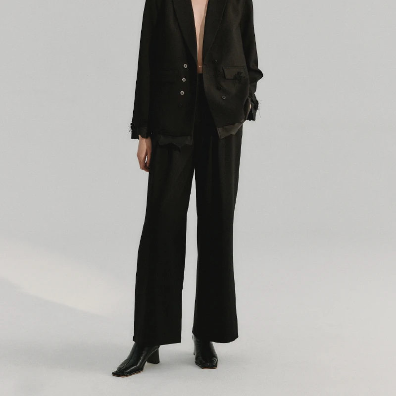 LIYIHAN设计师秋冬女士时尚宽松休闲裤垂感直筒磨破阔腿裤黑色