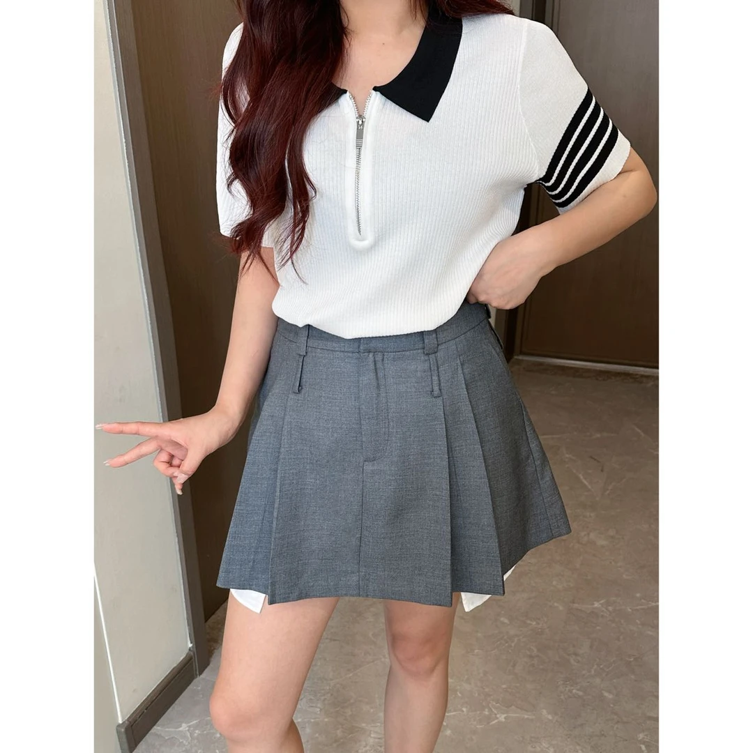 Xiaix【夜莺信纸】高腰显瘦下摆口袋西装百褶裙QZ0630夏夏