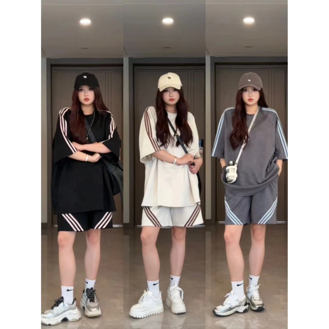 Xiaix【罗马假日】胖mm插肩袖设计感运动套装T恤+短裤WM0402夏夏