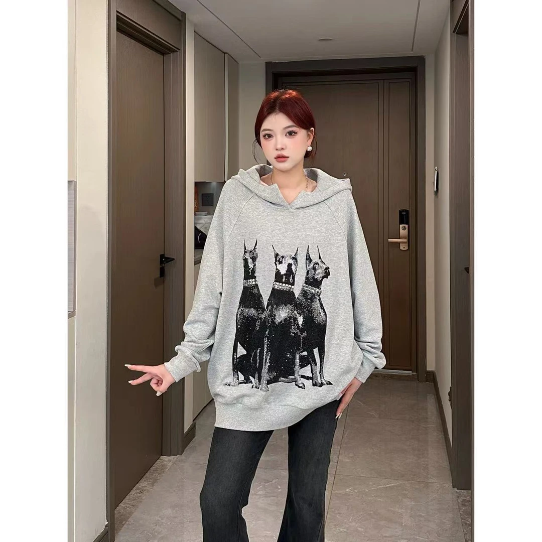 Xiaix【忠诚护卫】春秋百搭烫钻小狗休闲灰色宽松连帽卫衣WY0924