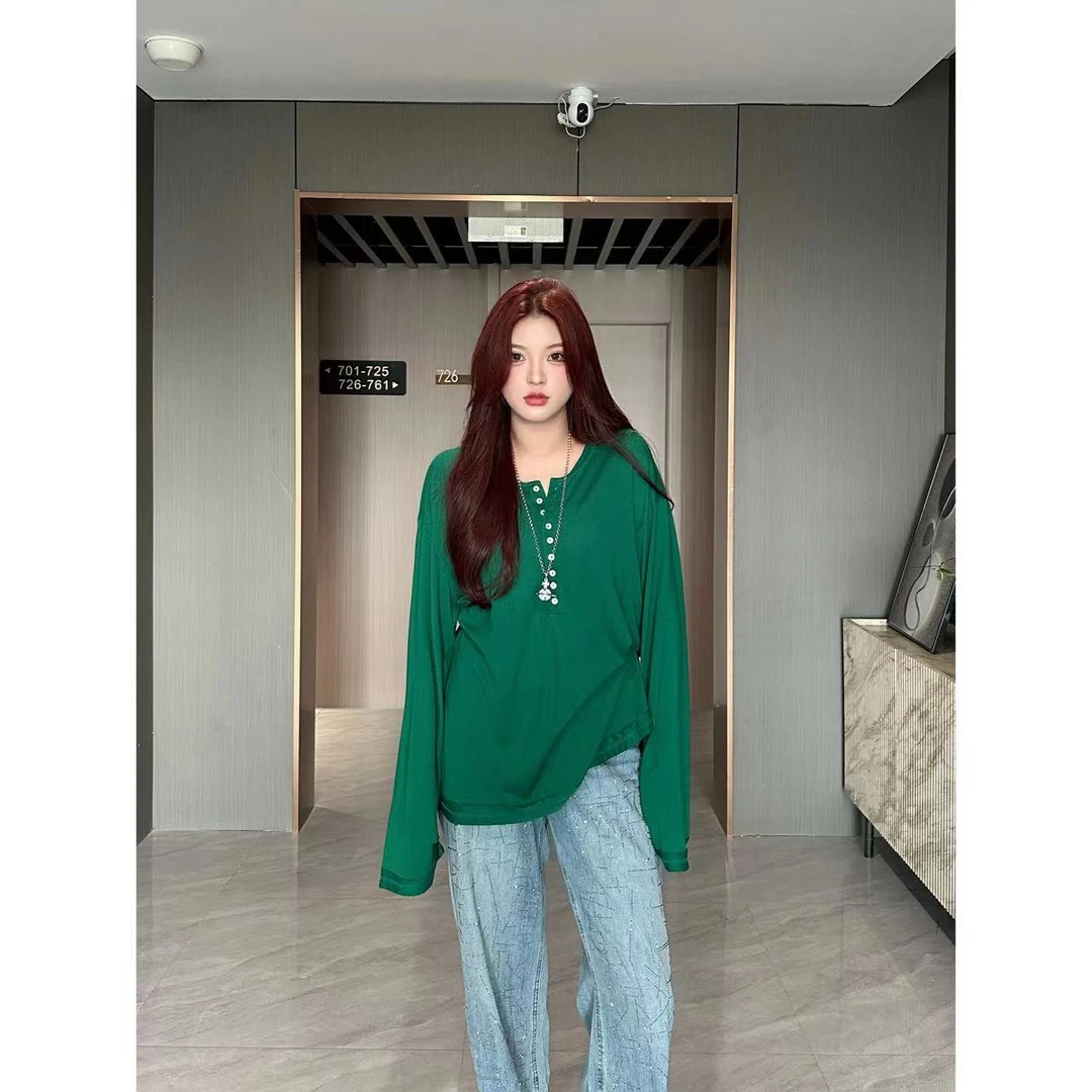 Xiaix【初醒半夏】时尚宽松纯色休闲百搭排扣长袖小衫ZY0221夏夏