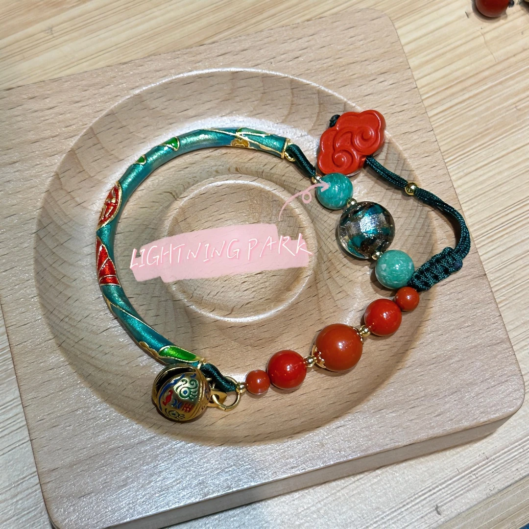 合金玻璃手链 【霹雳帽子公园】国风珐琅彩红绿撞色铃铛祥云手链