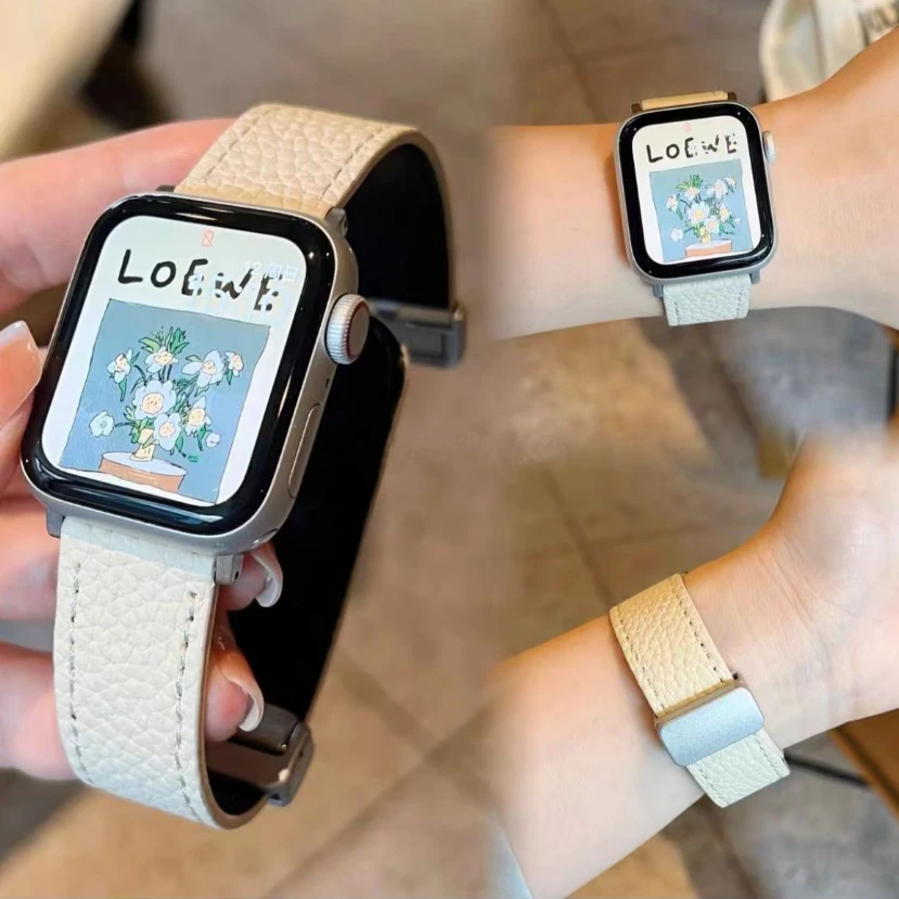 适用苹果iwatch8表带荔枝纹S8真皮applewatch7磁吸S7/6/5华强北SE