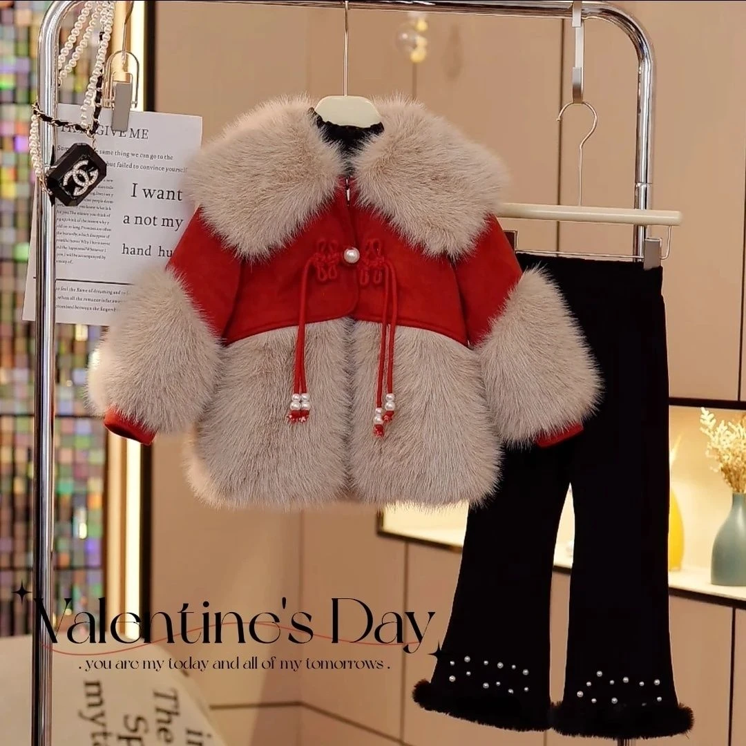 女童红色拜年服2024新款时尚加绒加厚派克服棉衣儿童中国风棉服潮