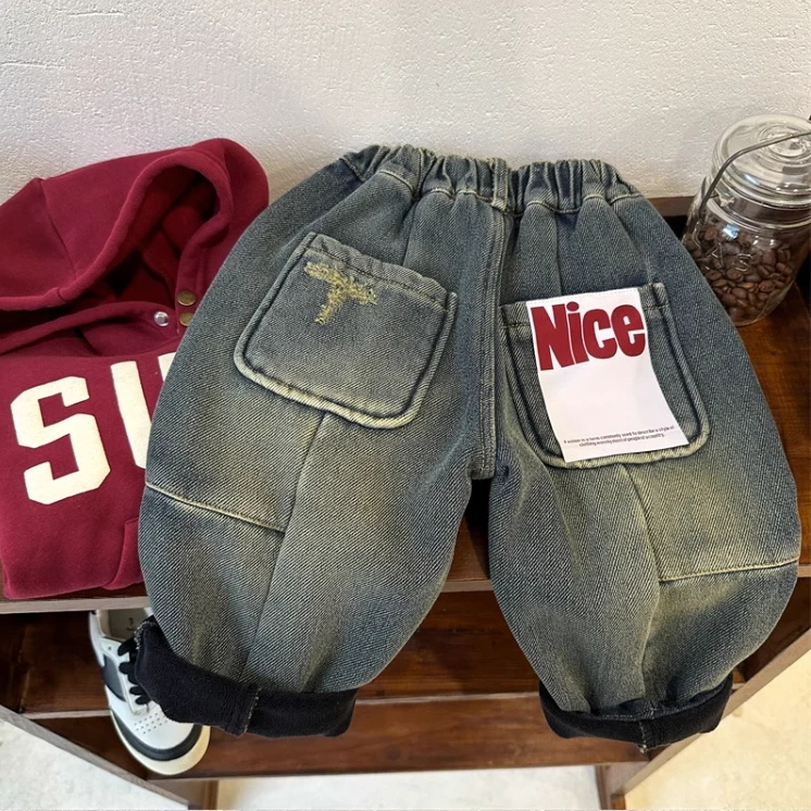 【小扬哥推荐】儿童加绒牛仔裤2023冬季新品男女童韩版贴标休闲裤