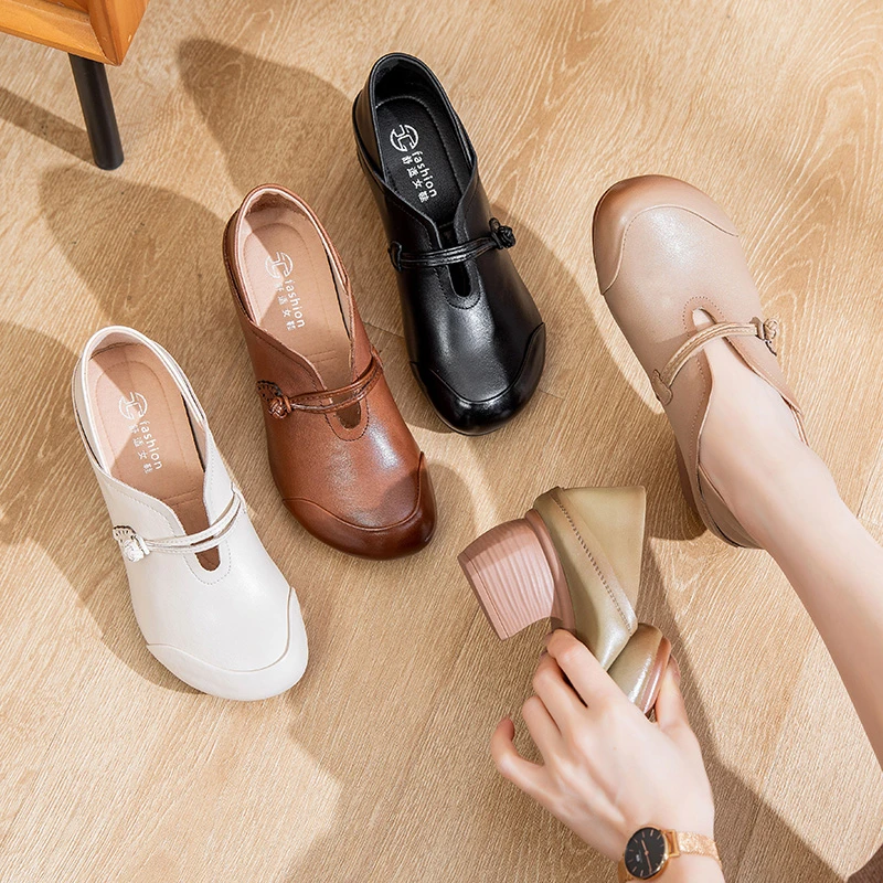 23519新款真皮妈妈鞋中跟单鞋女软底中老年春秋百搭圆头防滑女鞋