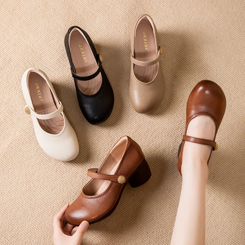 7206新中式春秋妈妈鞋真皮百搭粗跟旗袍鞋软底女鞋中老年单鞋女