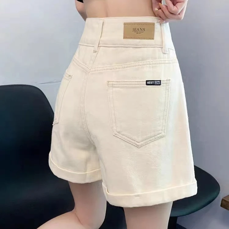 啄木鸟夏季新款米白色阔腿牛仔短裤女高腰百搭a字宽松显瘦短裤子