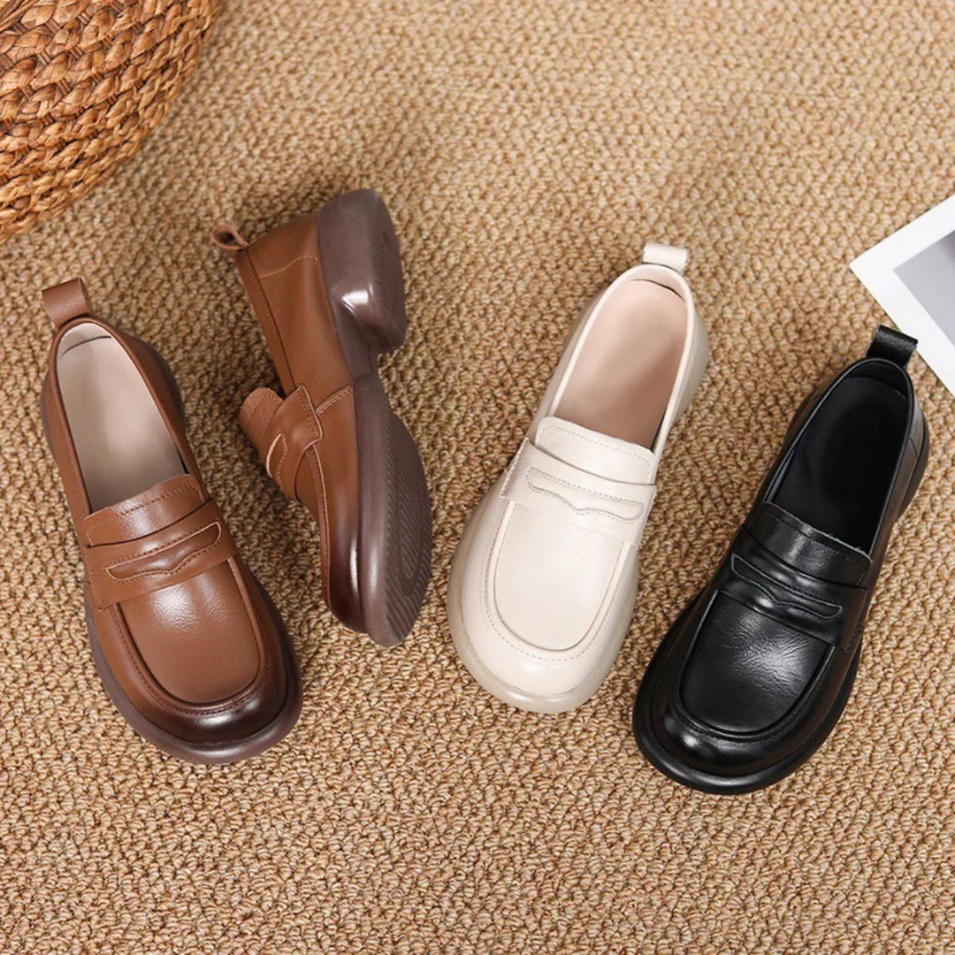 2024春秋新款头层牛皮软底厚底乐福鞋舒适百搭圆头妈妈鞋单鞋