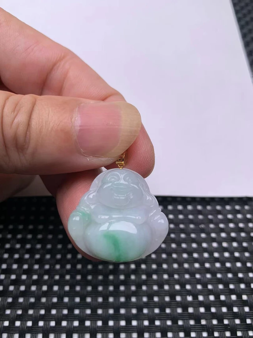 缅甸天然翡翠A货 18k金镶嵌 佛公