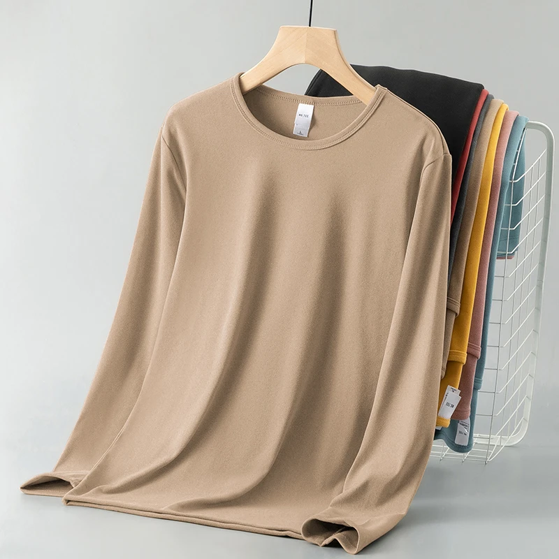 德绒打底衫内搭长袖t恤男秋冬加绒保暖双面绒纯色体恤圆领秋衣服