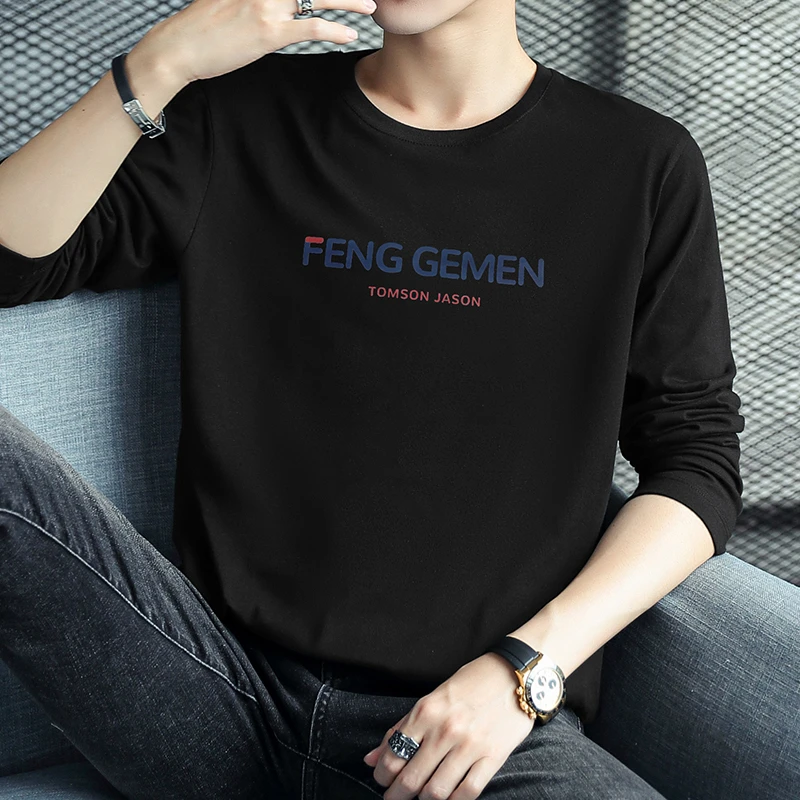 长袖t恤男装纯棉潮流印花秋季全棉内搭圆领宽松黑色秋衣服打底衫